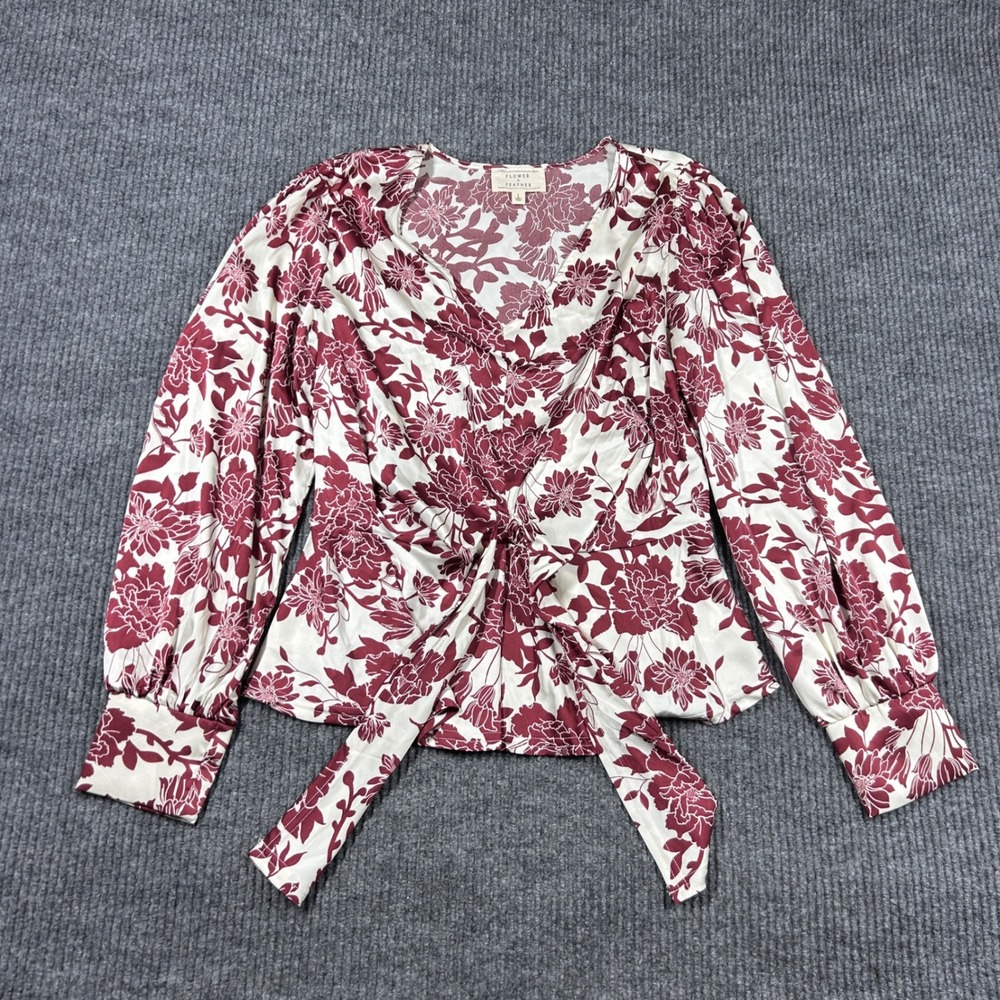 Flower & Feather Blouse Womens L Floral Long Sleeve V-Neck Tie Front Burgundy